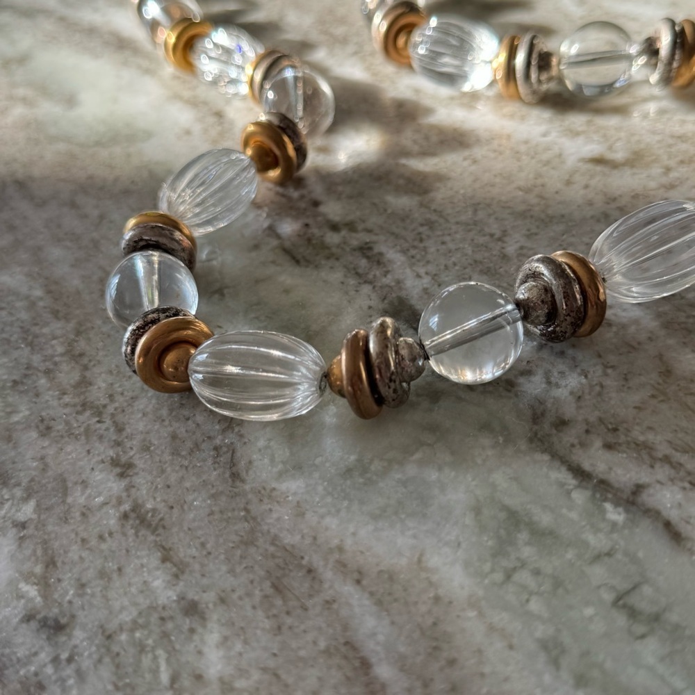 Mid century Lucite Gold and Silver Beaded Necklace with Geometric Beads